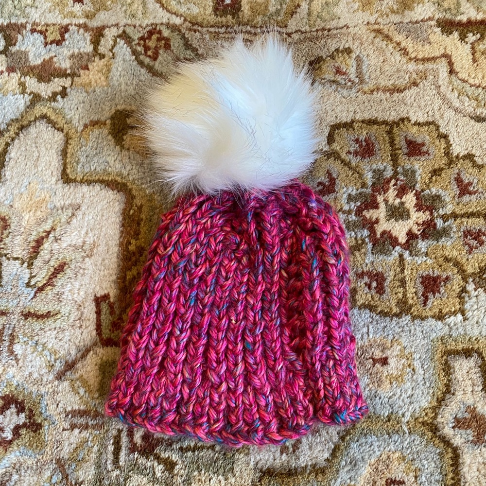 Hand knit fur pom pom hat